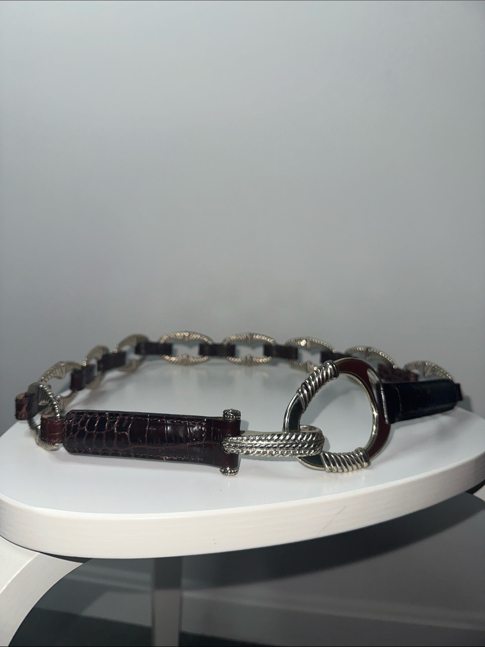 Vintage Brighton Silver Chain Link Belt with Dark Brown Leather Accent
